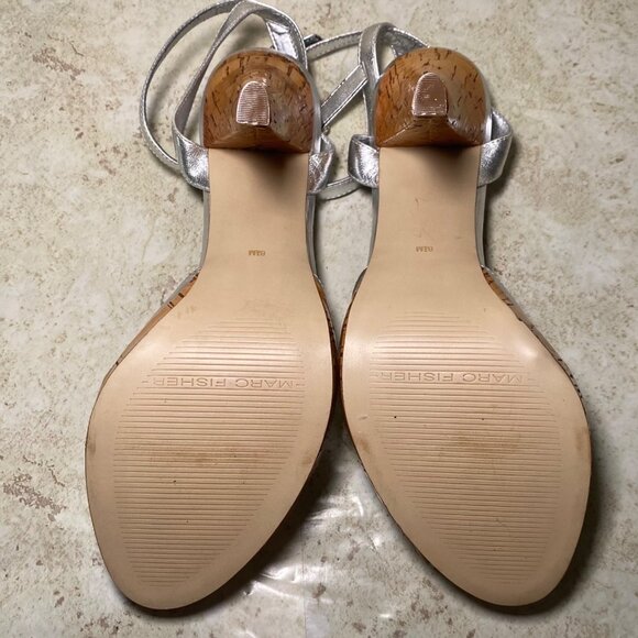 Marc Fisher Silver Metallic Strappy Heels Cork Like Heel Adjustable Glam Party - Picture 6 of 9